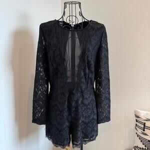 Bebe Black Lace Long Sleeve Sheer Panel Romper Medium -Sexy, Romantic, Goth